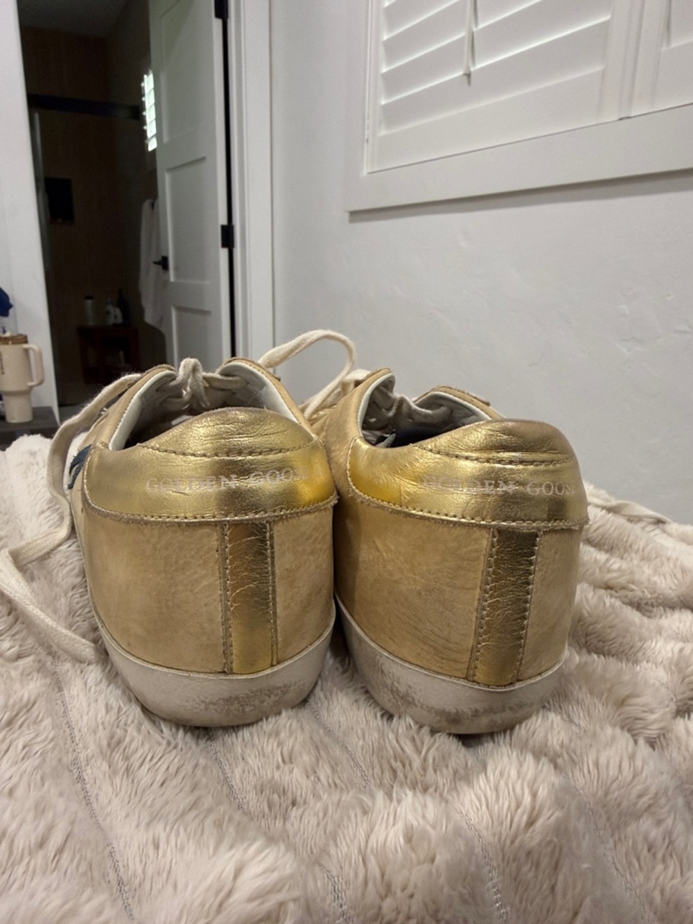 Golden Goose Gold Leather Sneakers with Blue Star - Picture 5 of 7